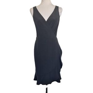 Teri Jon Rickie Freeman Black V-Neck Wrap Ruffle Hem Dress 100% Silk‎ Size 8